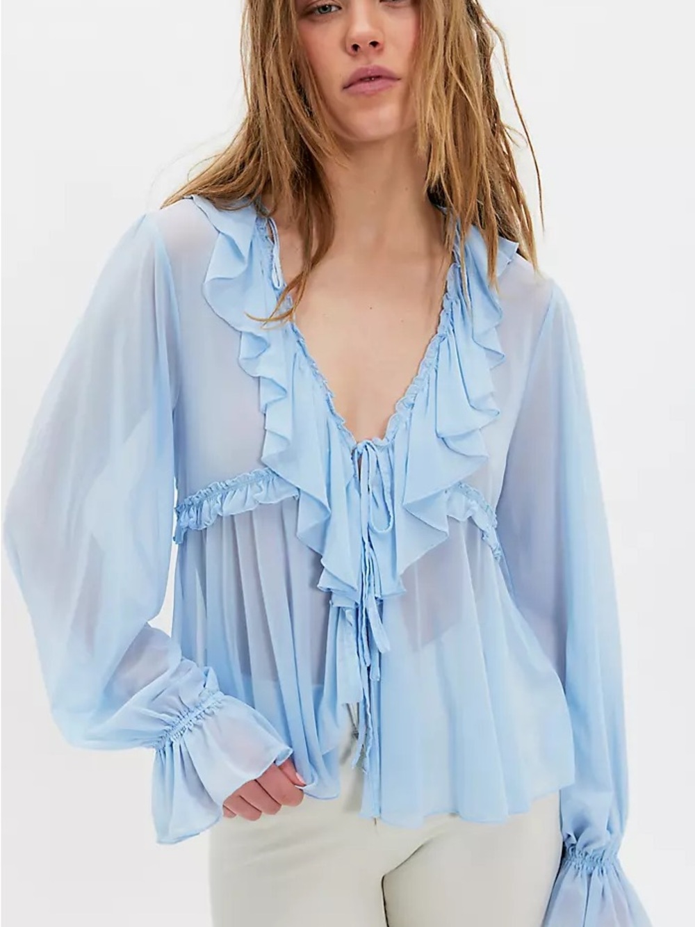 Free People Pale Blue Sheer Ruffle Tie-Front Blouse
